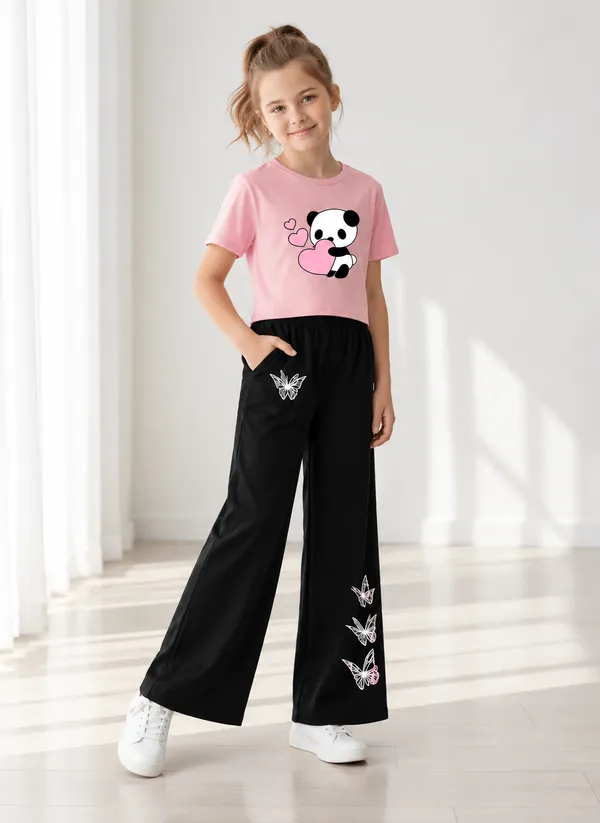 Pink_Cotton_Relaxed_Panda_Print_Top_And_Black_Wide-Leg_Pants_Co-Ord_Set_For_Girls