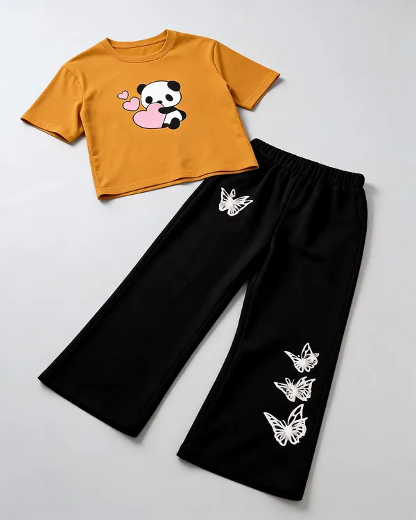 Mustard_Cotton_Relaxed_Panda_Print_Top_And_Black_Wide-Leg_Pants_Co-Ord_Set_For_Girls