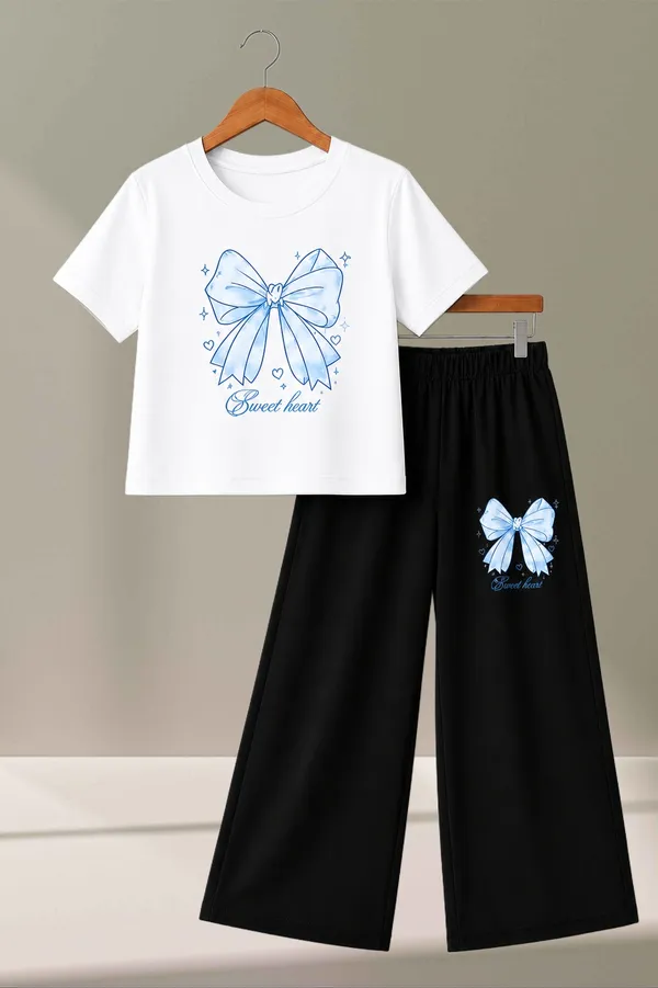 White_And_Black_Bow_Print_Top_And_Wide_Leg_Pants_Set_for_Girls
