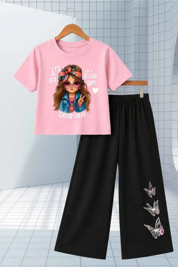 White_And_Black_Printed_T-Shirt_And_Wide_Leg_Pants_Set_for_girl