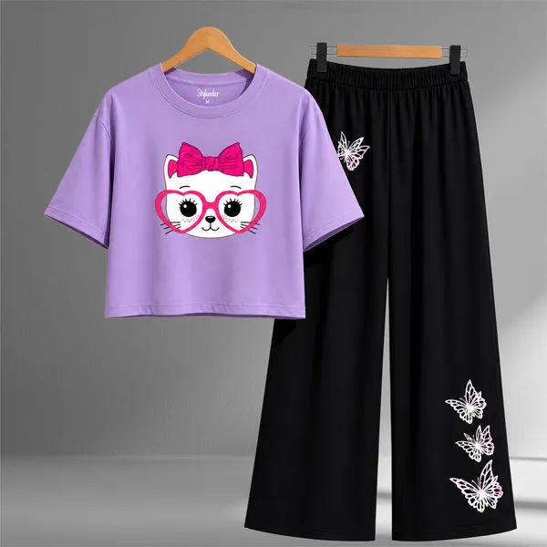 Purple_Printed_T_Shirt_And_Wide_Leg_Pants_Set_For_Girls