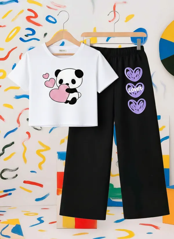 Lavender_Graphic_T-Shirt_And_Black_Pants_Set_For_Girls