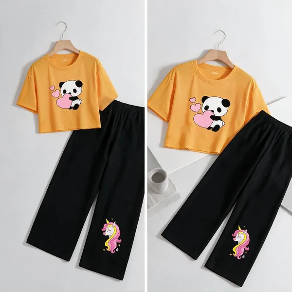 Orange_Cotton_Relaxed_Fit_Printed_T-Shirt_And_Black_Wide_Leg_Pants_Set_For_Girls