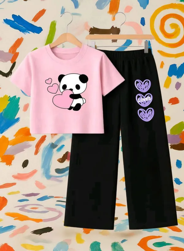 Lavender_Graphic_T-Shirt_And_Black_Pants_Set_For_Girls