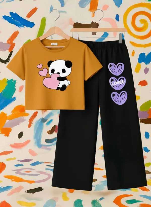 Lavender_Graphic_T-Shirt_And_Black_Pants_Set_For_Girls
