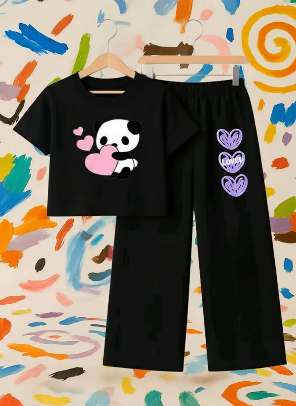 Lavender_Graphic_T-Shirt_And_Black_Pants_Set_For_Girls