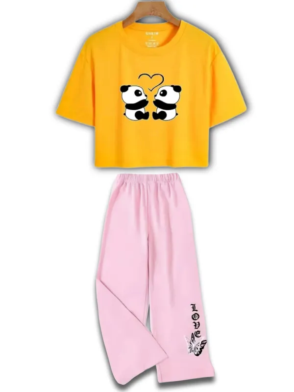 Yellow_Graphic_Crop_T-Shirt_And_Pink_Wide-Leg_Pants_Set_For_Girls