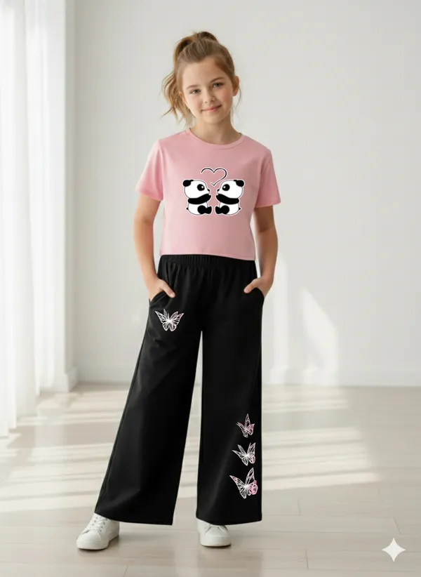 Pink_Printed_T-Shirt_And_Black_Wide_Leg_Pants_Set_For_Girls