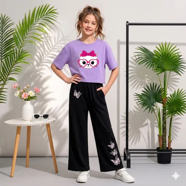 Purple_Printed_T-Shirt_And_Black_Wide-Leg_Pants_Set_for_Girls