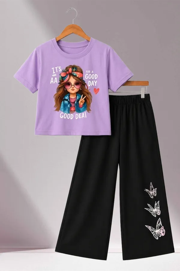 White_And_Black_Printed_T-Shirt_And_Wide_Leg_Pants_Set_for_girl