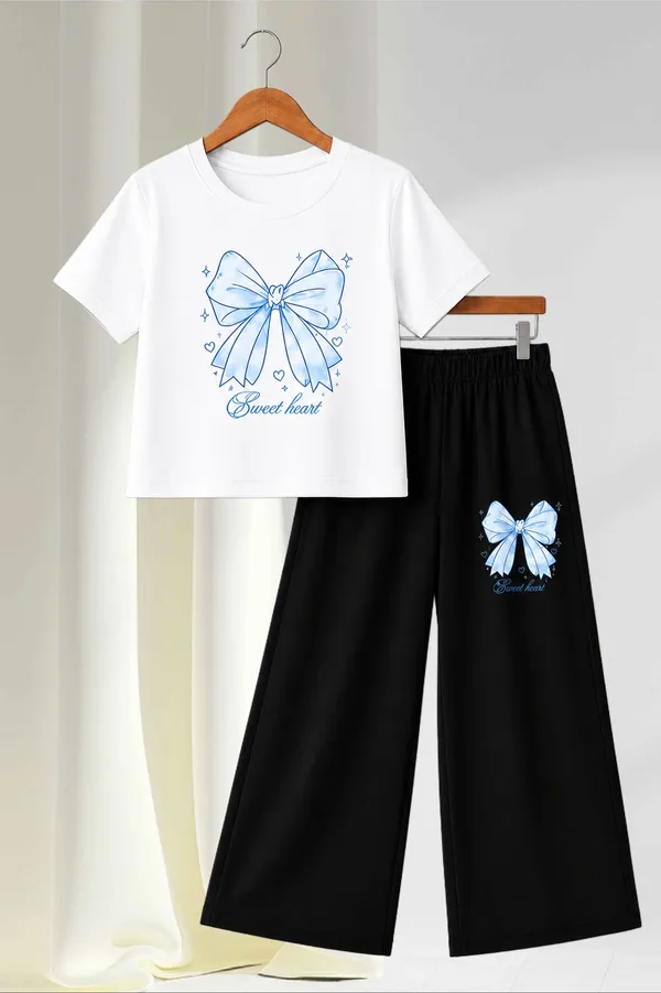 White_And_Black_Bow_Print_Top_And_Wide_Leg_Pants_Set_for_Girls