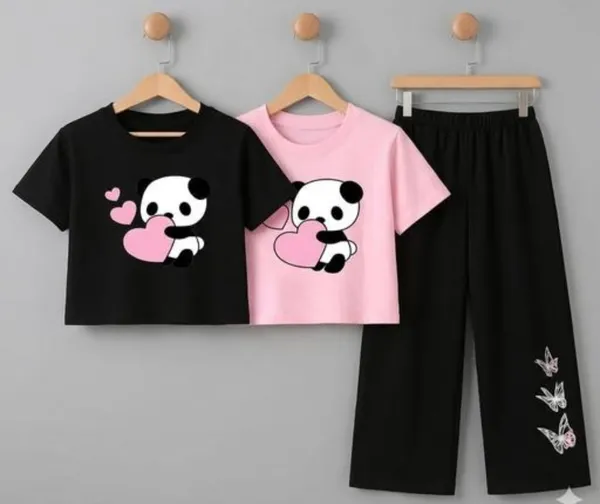 Black_And_Pink_Panda_Print_T-Shirt_And_Pants_Set_For_Girls