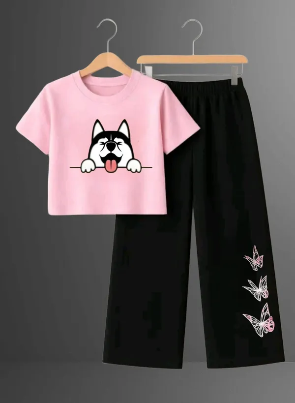 Pink_Printed_T-Shirt_And_Black_Pants_Set_For_Girls