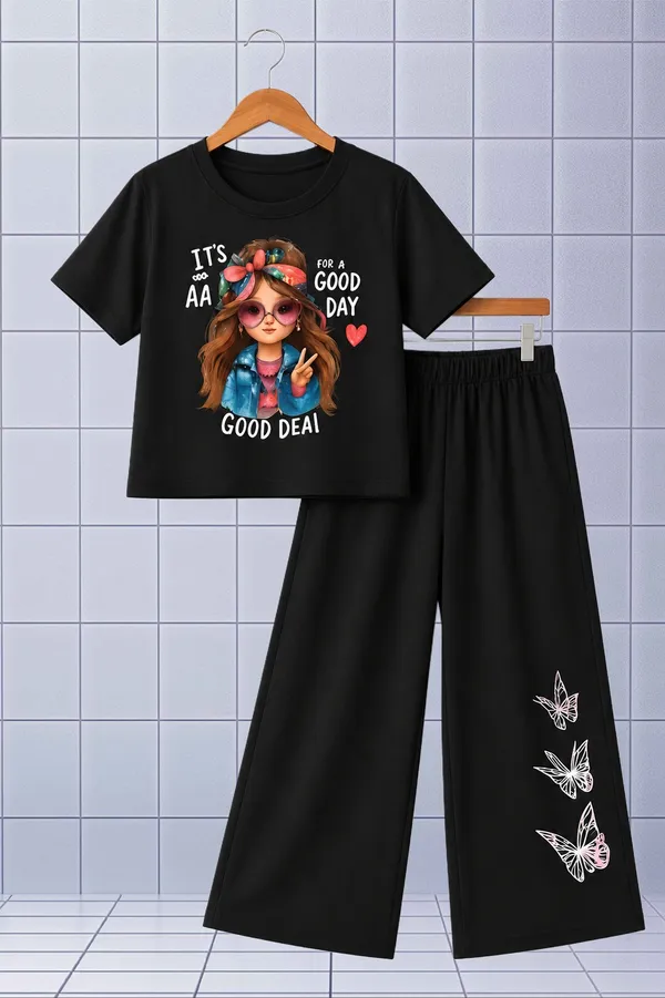 White_And_Black_Printed_T-Shirt_And_Wide_Leg_Pants_Set_for_girl