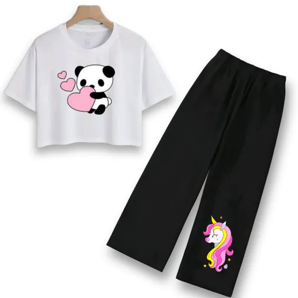White_Printed_Crop_Top_And_Black_Pants_Set_For_Girls