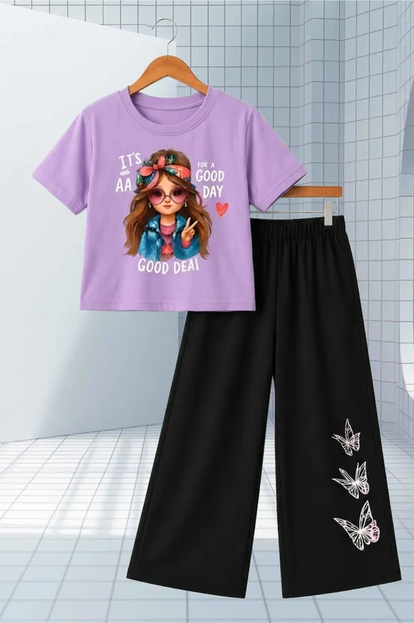 White_And_Black_Printed_T-Shirt_And_Wide_Leg_Pants_Set_for_girl
