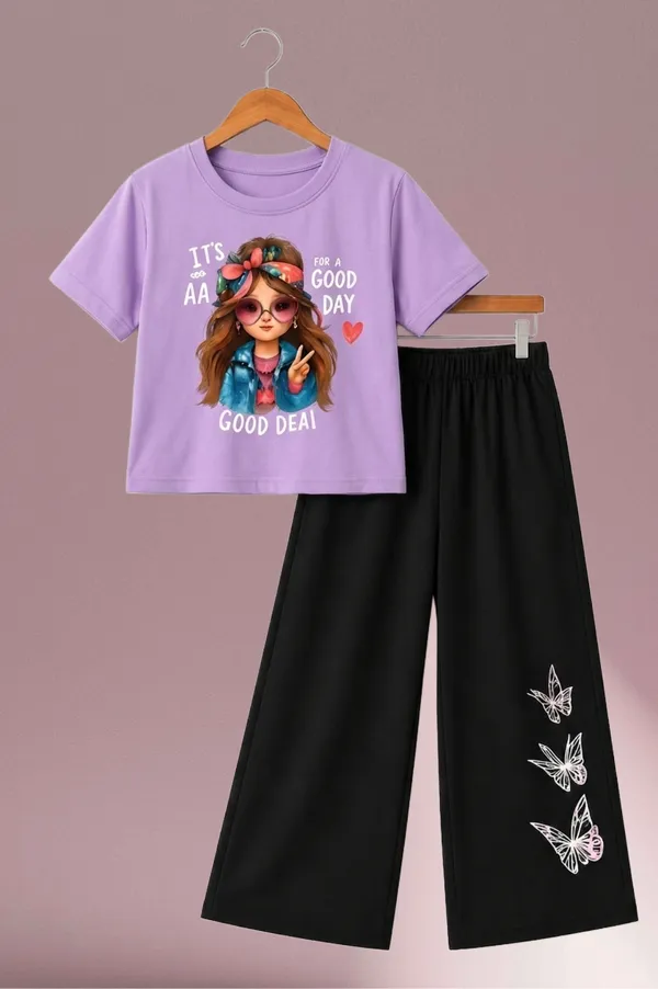 White_And_Black_Printed_T-Shirt_And_Wide_Leg_Pants_Set_for_girl