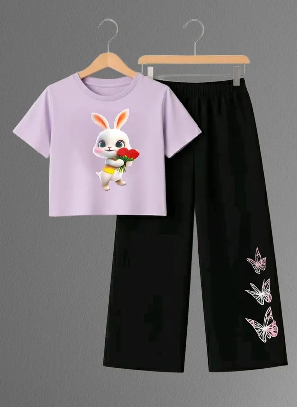 Lavender_Printed_T-Shirt_And_Black_Pants_Set_For_Girls