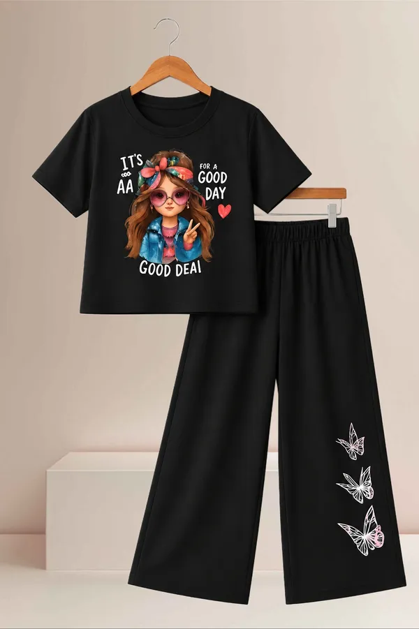 White_And_Black_Printed_T-Shirt_And_Wide_Leg_Pants_Set_for_girl