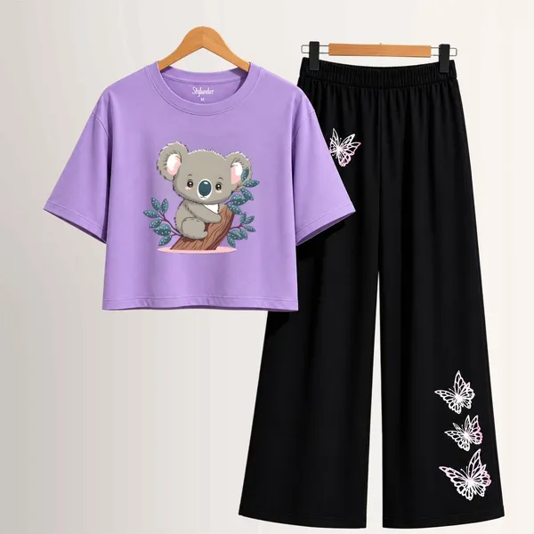 Purple_Koala_Print_Crop_Top_And_Black_Pants_Set_For_Girls
