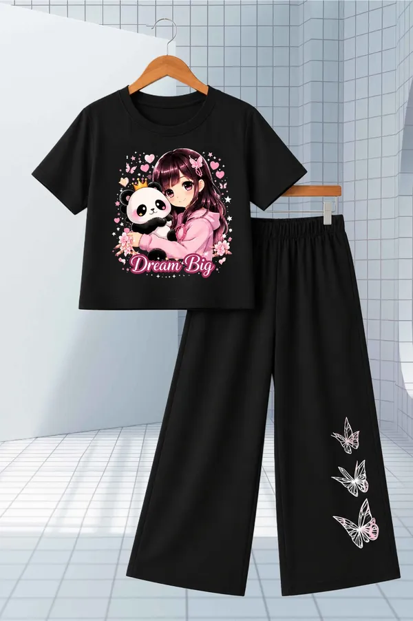 Black_Graphic_Print_T_Shirt_And_Wide_Leg_Pant_Set_For_Girls