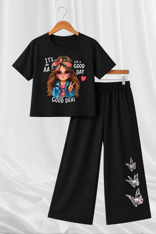 White_And_Black_Printed_T-Shirt_And_Wide_Leg_Pants_Set_for_girl