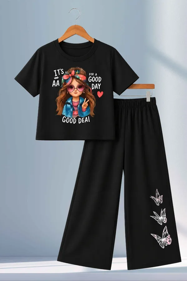 White_And_Black_Printed_T-Shirt_And_Wide_Leg_Pants_Set_for_girl