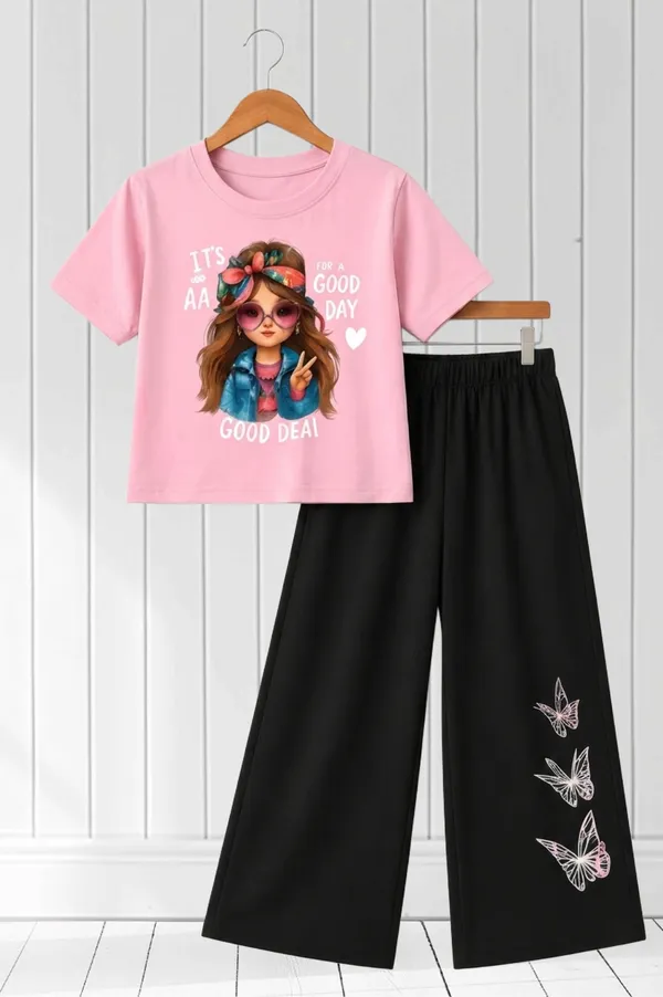 White_And_Black_Printed_T-Shirt_And_Wide_Leg_Pants_Set_for_girl