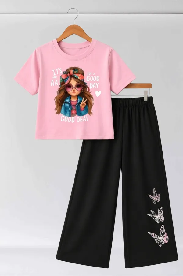 White_And_Black_Printed_T-Shirt_And_Wide_Leg_Pants_Set_for_girl