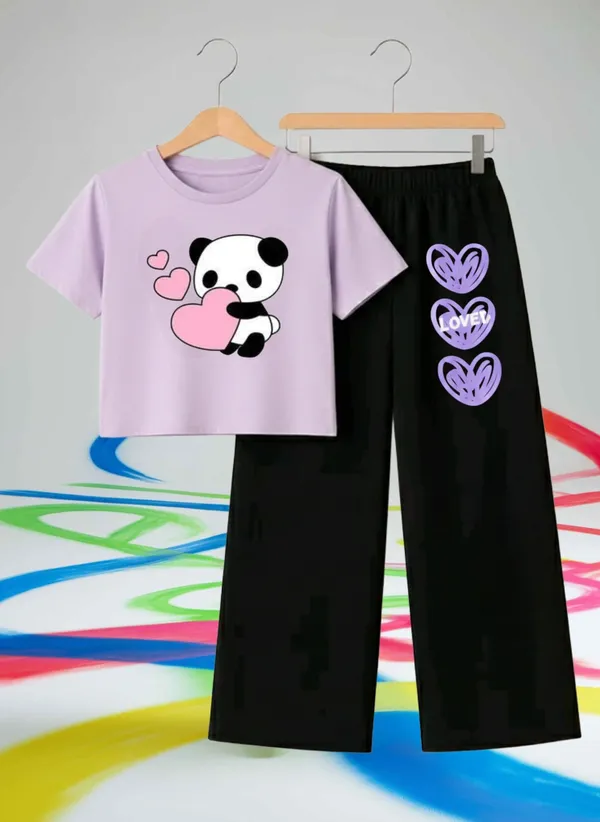 Lavender_Graphic_T-Shirt_And_Black_Pants_Set_For_Girls