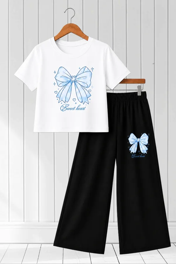 White_And_Black_Bow_Print_Top_And_Wide_Leg_Pants_Set_for_Girls