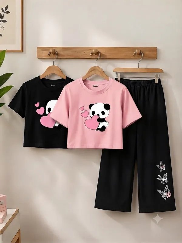 Pink_Panda_Print_Top_And_Black_Butterfly_Pants_Set_For_Girls