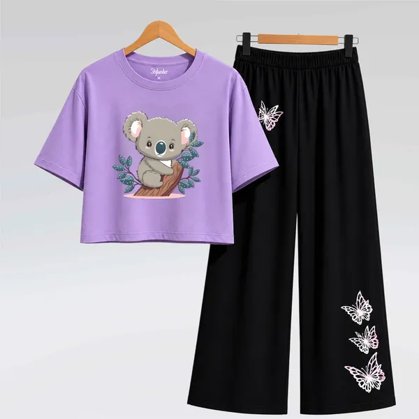 Purple_Koala_Print_Crop_Top_And_Black_Pants_Set_For_Girls