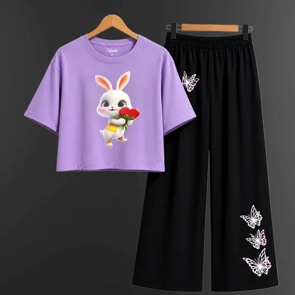 Purple_Printed_Crop_Top_And_Black_Wide_Leg_Pants_Set_For_Girls
