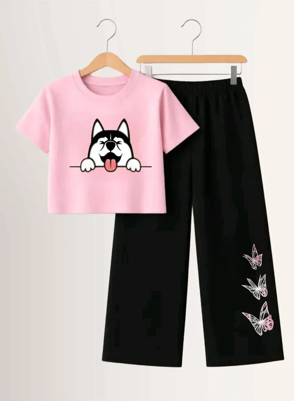 Pink_Printed_T-Shirt_And_Black_Pants_Set_For_Girls