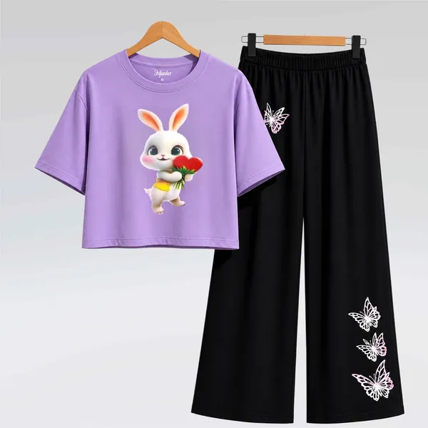 Purple_Printed_Crop_Top_And_Black_Wide_Leg_Pants_Set_For_Girls