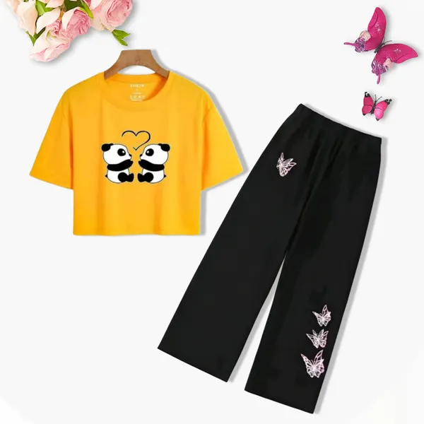 Yellow_Graphic_Crop_Top_And_Black_Wide_Leg_Pants_Set_For_Girls