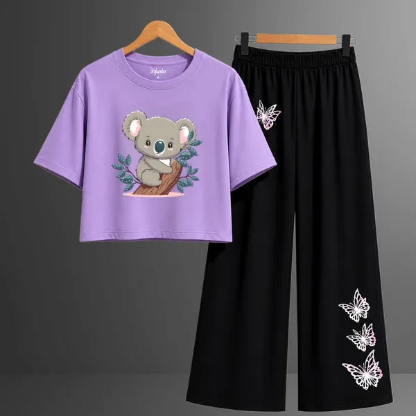 Purple_Koala_Print_Crop_Top_And_Black_Pants_Set_For_Girls