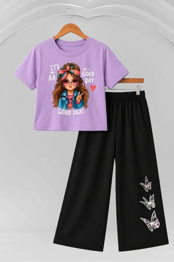 White_And_Black_Printed_T-Shirt_And_Wide_Leg_Pants_Set_for_girl
