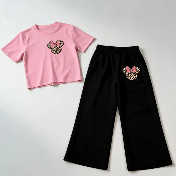 Pink_Cotton_Character_Print_T-Shirt_Wide_Leg_Pants_Co-Ord_Set_For_Girls