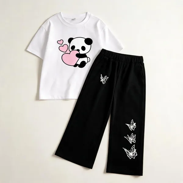 White_Cotton_Relaxed_Fit_Panda_Print_T-Shirt_Black_Wide_Leg_Pants_Set_For_Girls