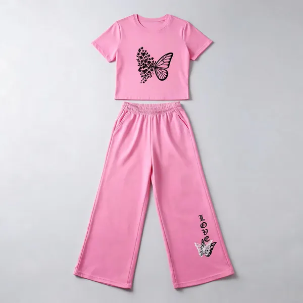 Pink_Cotton_Relaxed_Butterfly_Print_Top_Wide_Leg_Pants_Co_Ord_Set_For_Girls