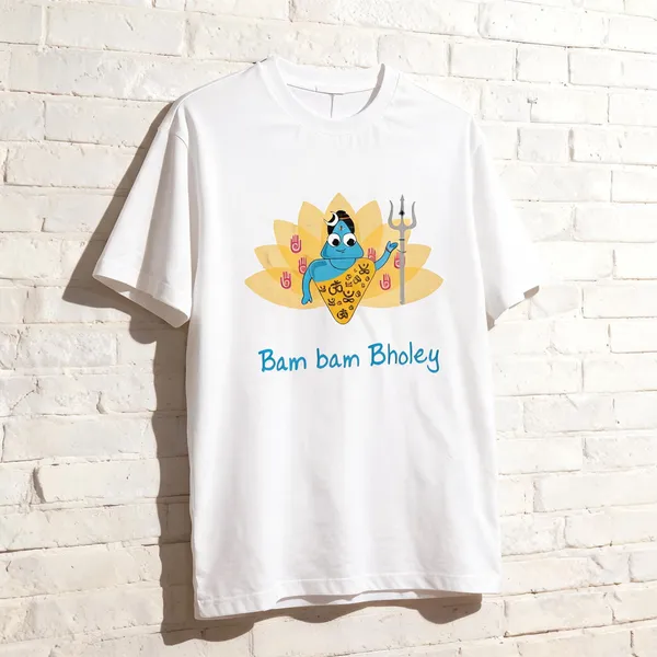 White_Cotton_Round_Neck_Bam_Bam_Bholey_T-Shirt_For_Unisex