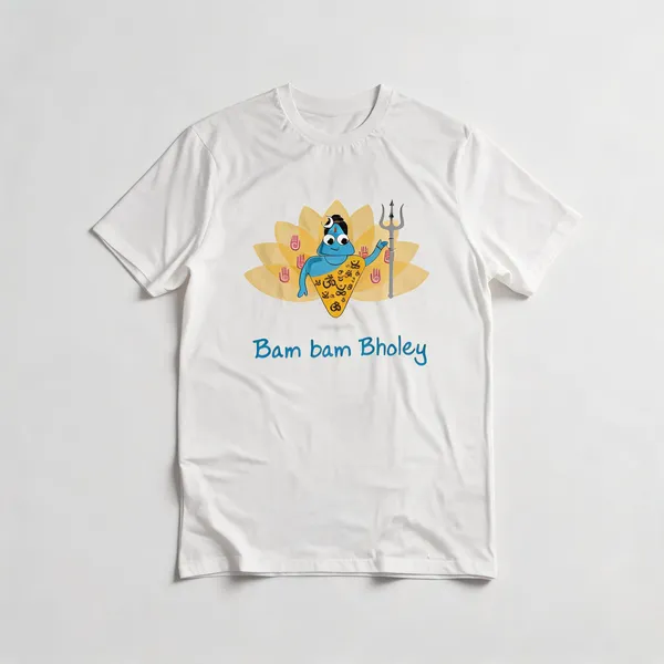 White_Cotton_Round_Neck_Bam_Bam_Bholey_T-Shirt_For_Unisex