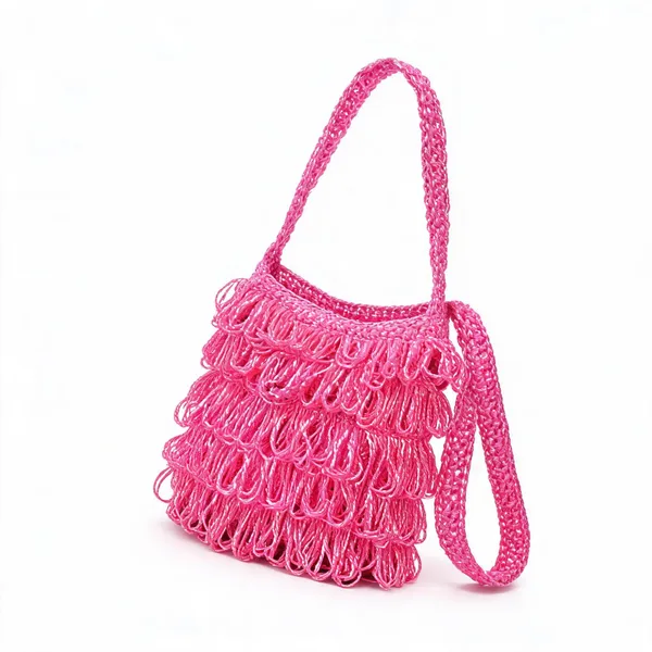 Glossy_Pink_Crochet_Frilled_Satchel_Bag_For_Women