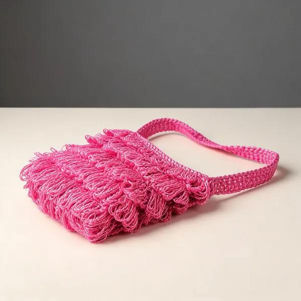 Glossy_Pink_Crochet_Frilled_Satchel_Bag_For_Women