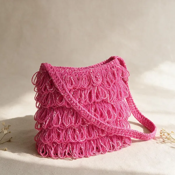 Glossy_Pink_Crochet_Frilled_Satchel_Bag_For_Women