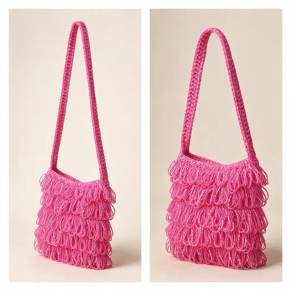 Glossy_Pink_Crochet_Frilled_Satchel_Bag_For_Women