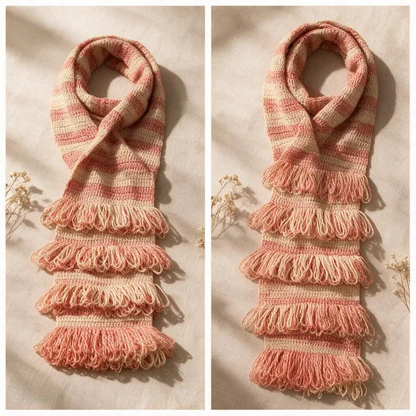 Peach_Yellow_Acrylic_Wool_Crochet_Frilled_Scarf_For_Unisex