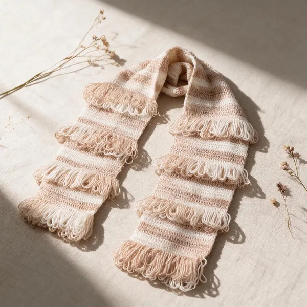 Wood_Cream_Acrylic_Wool_Crochet_Frilled_Scarf_For_Unisex